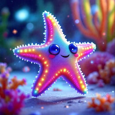The primary subject of the image is a colorful, light-up starfish figurine. The setting is a beach environment, with a sandy surface visible. The visual style is a digital art or illustration, creating a vibrant and playful atmosphere. The colors and mood are predominantly pink, purple, and blue, giving the scene a cheerful and lively feel.